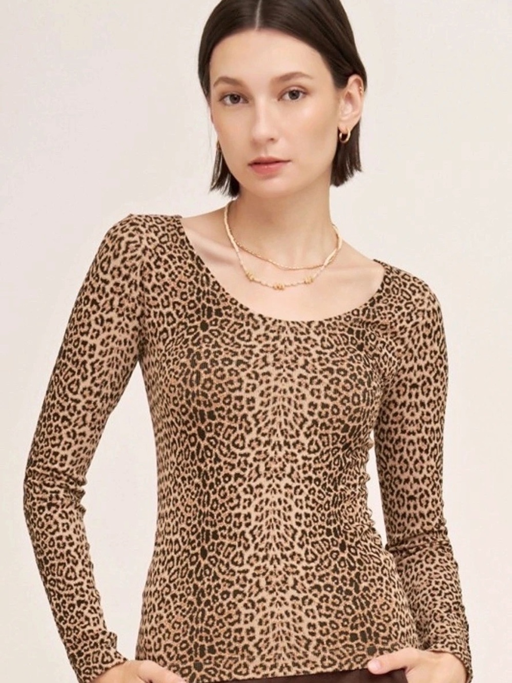 NIKIBIKI Milk Tea Leopard Print Scoop Neck Long Sleeve Top